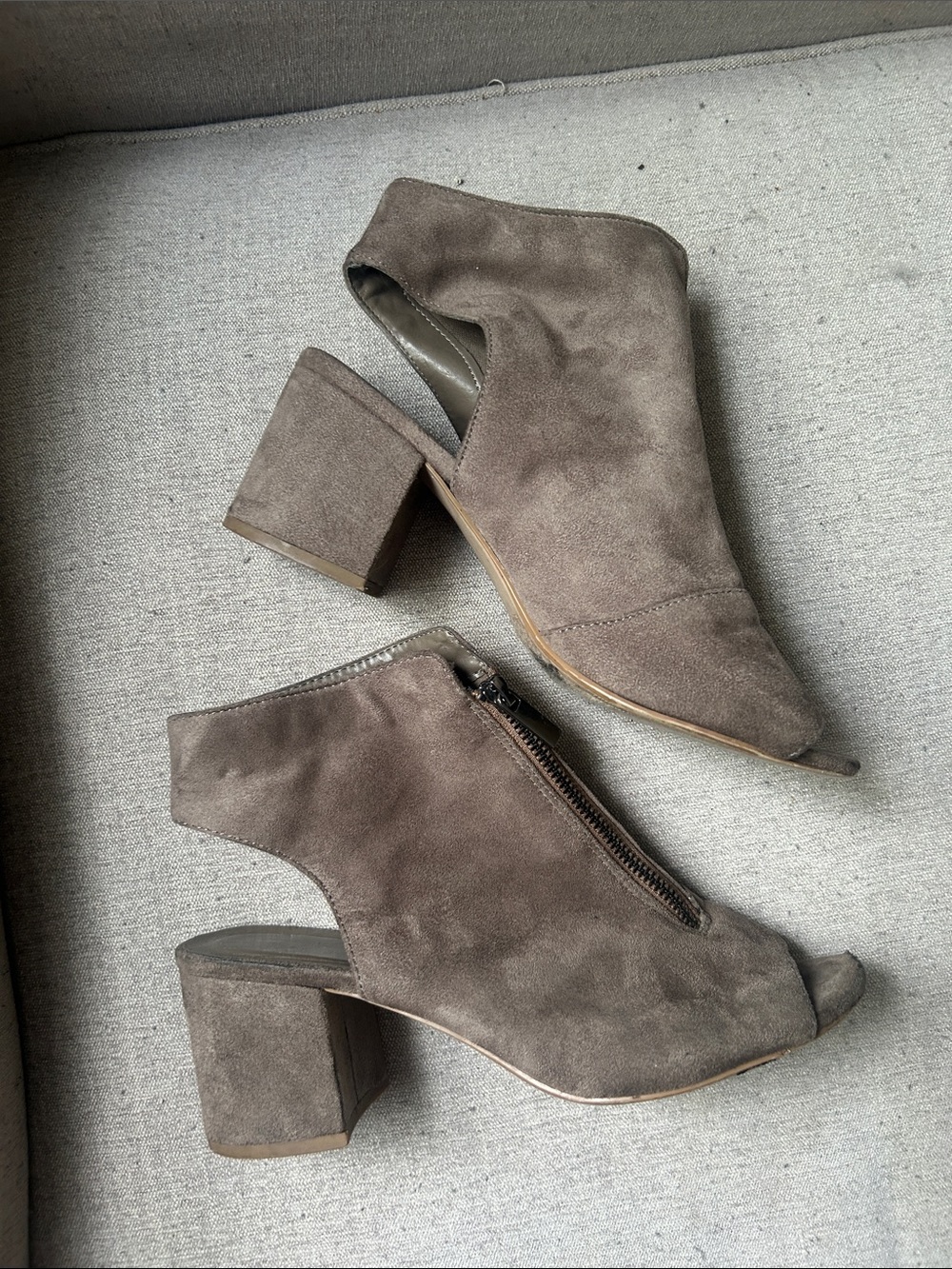 Say What? Taupe Suede Peep-Toe Block Heel Mules